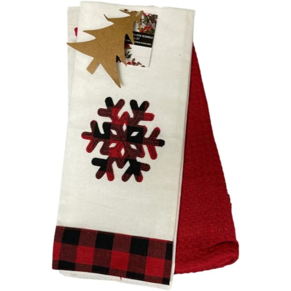 Set of (2) Holiday Kitchen Towels (Red/White, Snowflake)